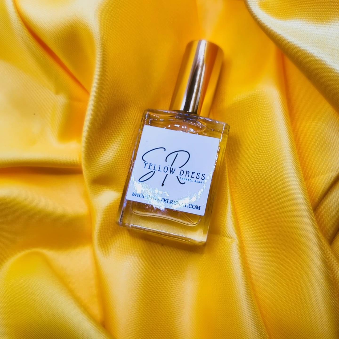 Yellow Dress By Shuntel Renay Perfume bottle on Yellow Silk Fabric. By Rose Gold Fragrance Company. Perfumer, Lou McCrea